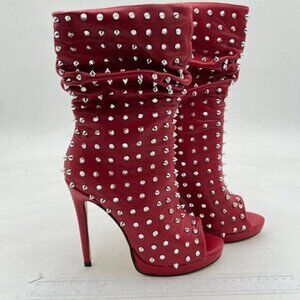 Red Rivets Women's Peep Toe  Stiletto High Heel Slouch Ankle Boots